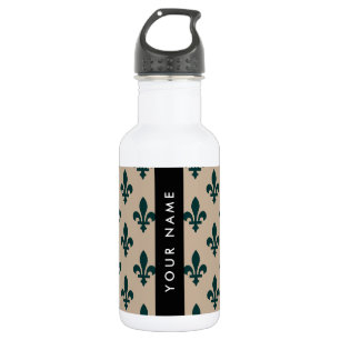 Botella De Agua Flor de Lis, Verde sobre Beige, Real, Tu Nombre