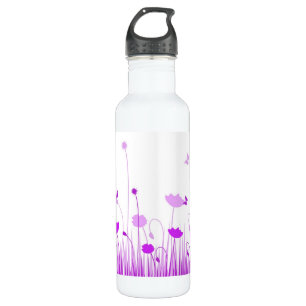 Botella De Agua Flor de pradera de palomitas moradas y blancas min