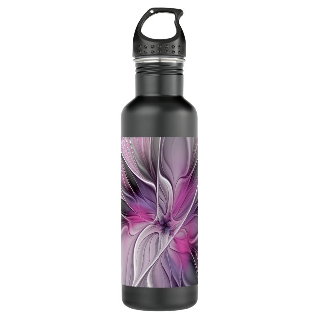 Botella De Agua Flor Floral Fractal Moderno Abstracto Flor Gris ro (Anverso)