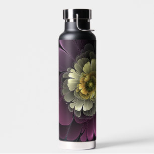 Botella De Agua Flor fractal abstracta moderna purpura gris khaki