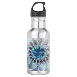 Botella De Agua Flor Fractal Moderna Con Azul