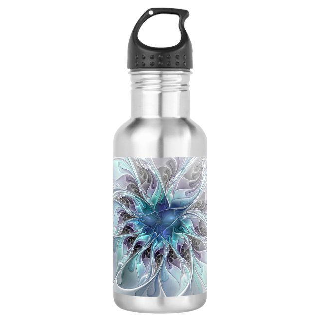 Botella De Agua Flor Fractal Moderna Con Azul (Anverso)