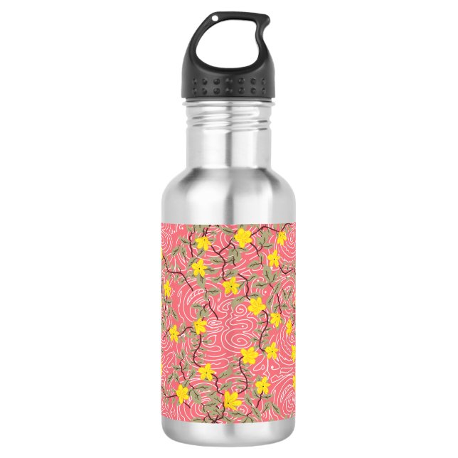 Botella De Agua Flor jazmín amarilla en rosa coral (Anverso)