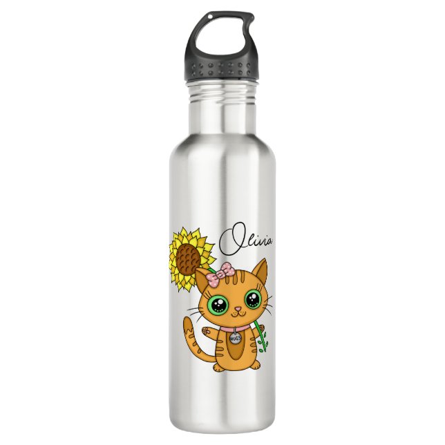 Botella De Agua Flor portadora de gato kawaii lindo personalizada (Anverso)
