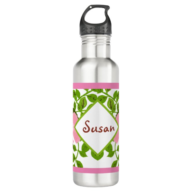 Botella De Agua Flor Primaria Pintada A Mano De Dogwood Verde Rosa (Anverso)