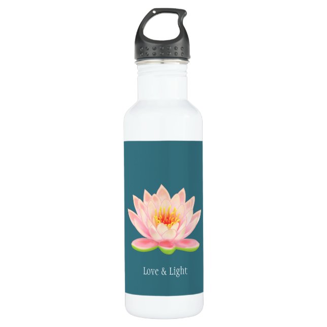 Botella De Agua Flor rosa Lotus en Verde azulado (Anverso)