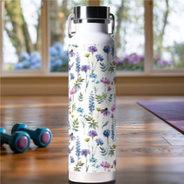 Botella De Agua Flor Silvestre Acuarela Azul Púrpura