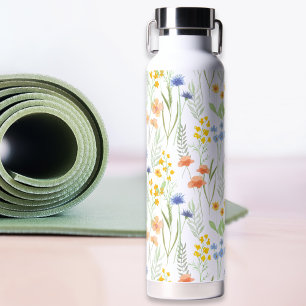Botella De Agua Flor silvestre acuarela naranja verde