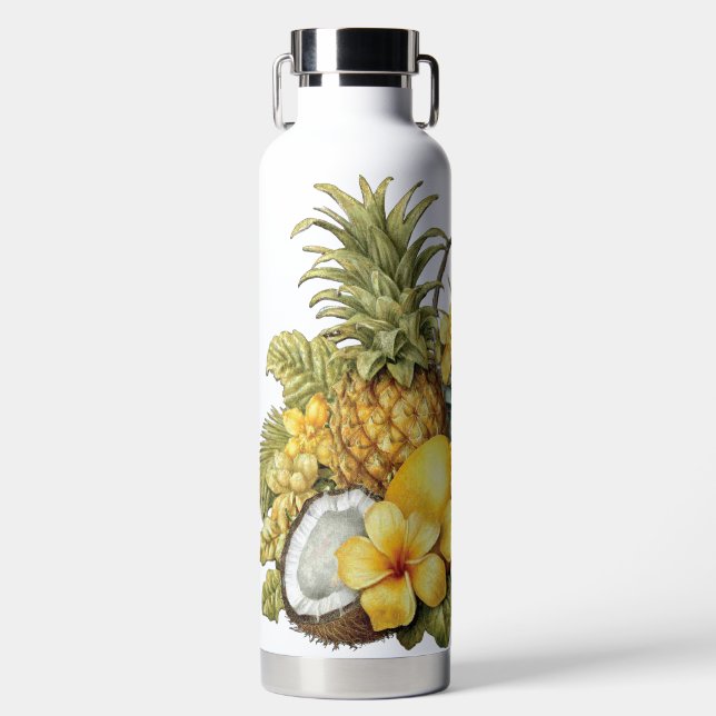 BOTELLA DE AGUA FLOR TROPICAL AMARILLA COCONOS Y PIÑAS (Delantero)
