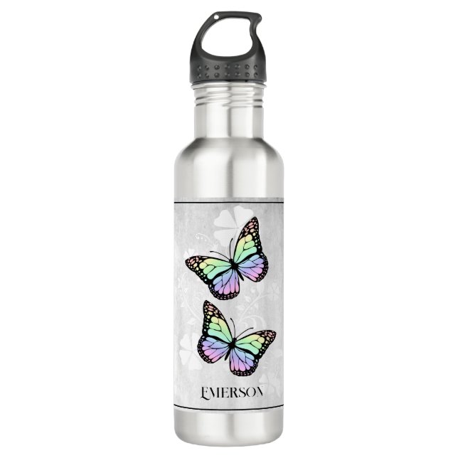 Botella De Agua Flora de mariposa arcoiris personalizada (Anverso)
