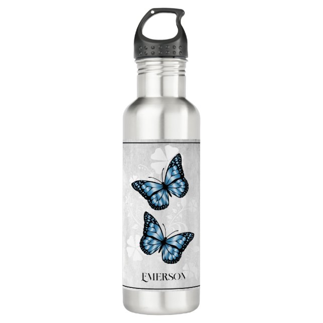 Botella De Agua Flora de mariposa azul personalizada (Anverso)