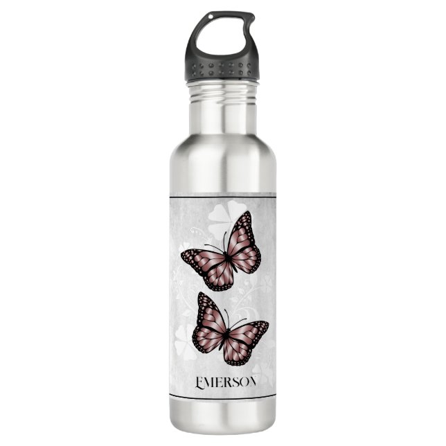 Botella De Agua Flora de mariposa rosa personalizada (Anverso)