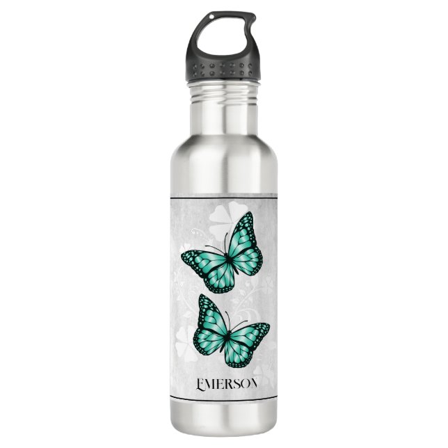 Botella De Agua Flora de mariposa verde azulada personalizada (Anverso)