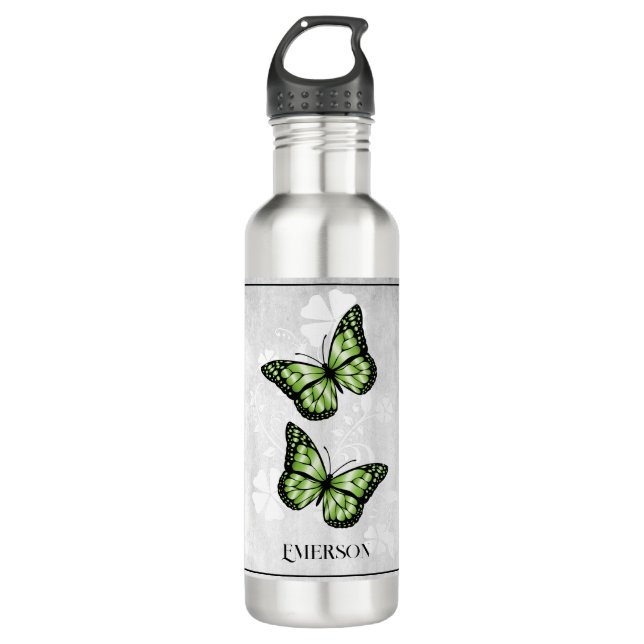 Botella De Agua Flora de mariposa verde personalizada (Anverso)