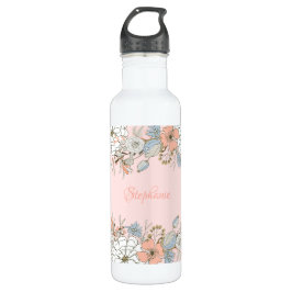 Botella De Agua Floral azul rosa Rubor personalizada