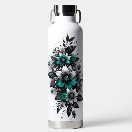 Botella De Agua Floral brillante negro y azul verdoso