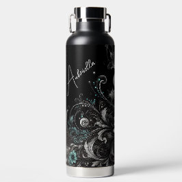 Botella De Agua Floral Brillante Personalizado Negro y Azul Turque