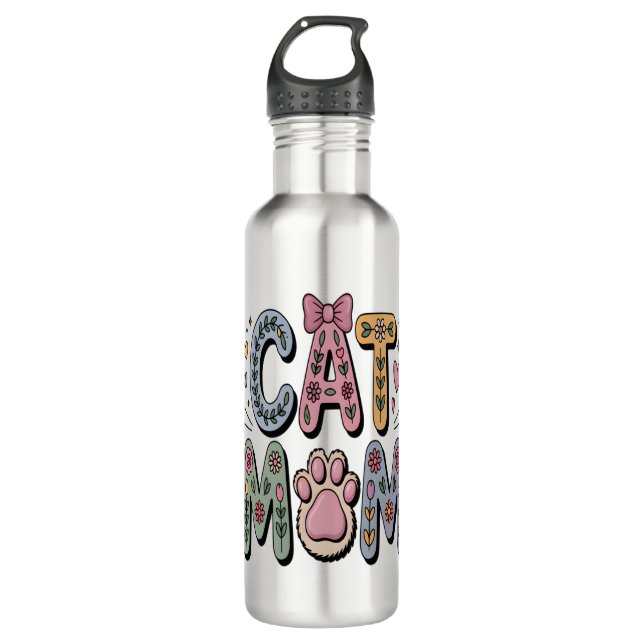 Botella De Agua Floral Cat Mom con Paw Print (Anverso)