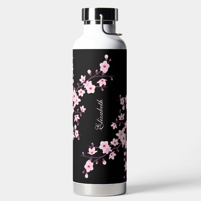 Botella De Agua Floral Cherry Blossom | Monograma negro rosado (Izquierda)