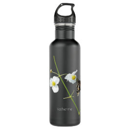 Botella De Agua Floral con mariposa sobre negro, personalizado