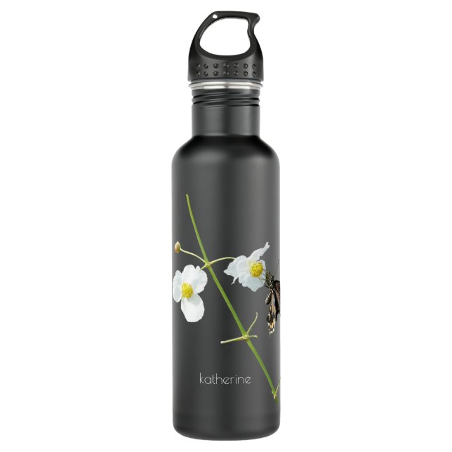 Botella De Agua Floral con mariposa sobre negro, personalizado (Anverso)
