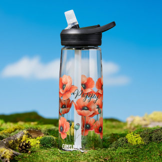Botella de agua floral con nombre de amapolas acua