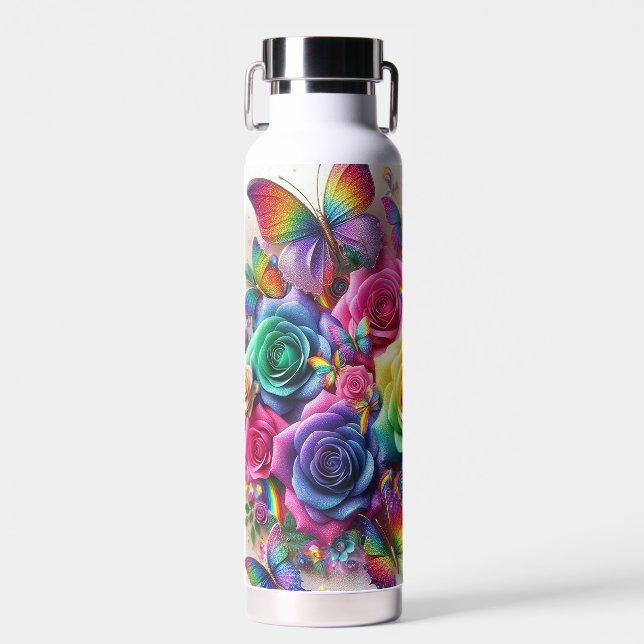 Botella De Agua Floral de Arcoíris con Mariposas (Delantero)