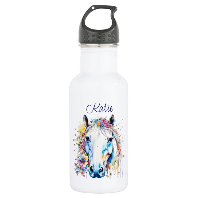 Botella De Agua Floral de caballo blanco de bonito personalizada (Anverso)