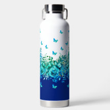 Botella de agua floral de mariposa azul