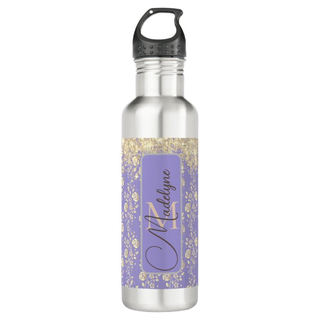 Botella De Agua Floral de oro purpurina en lavanda personalizada (Anverso)