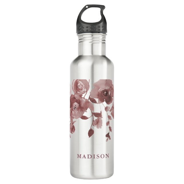 Botella De Agua Floral de Rubor malva femenina con nombre (Anverso)