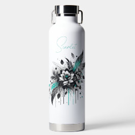 Botella De Agua Floral estilo grafitti negro y Verde azulado perso