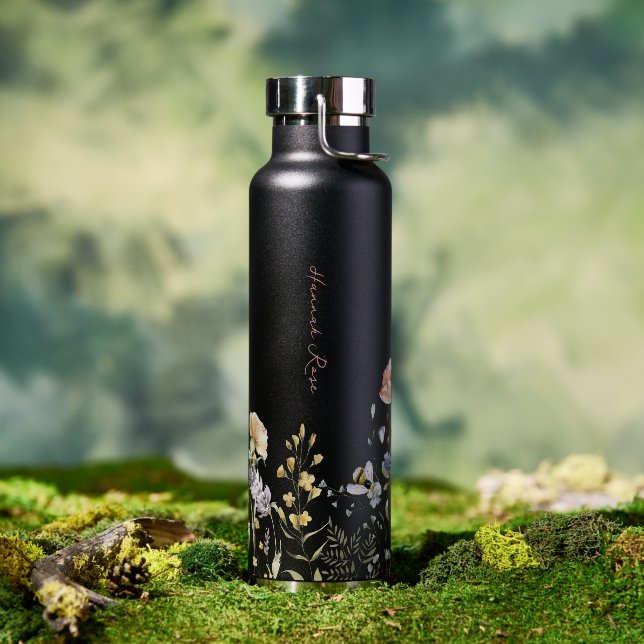 Botella De Agua Floral Floral Bumble Bee | Monograma (Exterior)