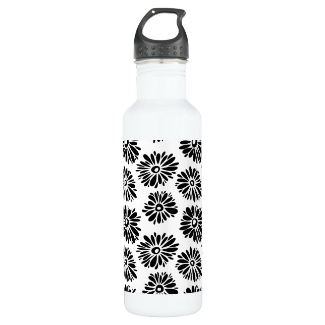 Botella De Agua Floral Funky negra y blanca (Anverso)
