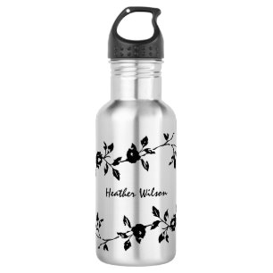 Botella de agua floral gótica negra con nombre