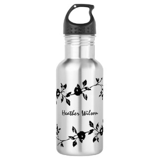 Botella de agua floral gótica negra con nombre