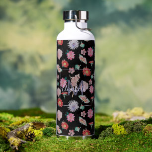 Botella De Agua Floral moderna de jardín rosado negro