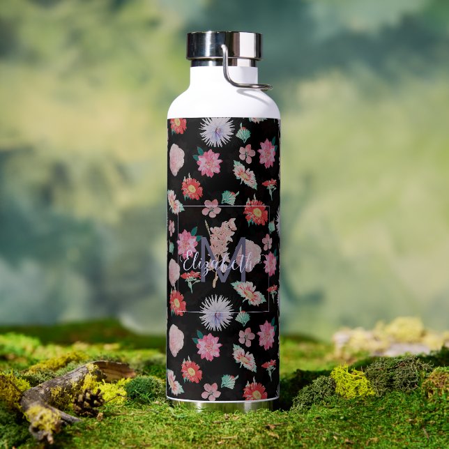 Botella De Agua Floral moderna de jardín rosado negro (Exterior)