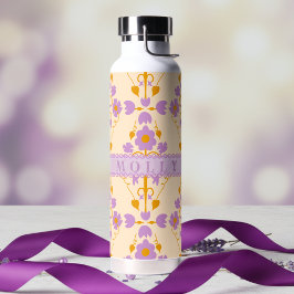 Botella De Agua Floral Moderno Personalizado Morado y Crema