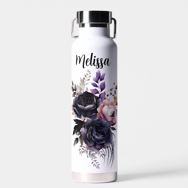 Botella De Agua Floral negra y rosa personalizada (Delantero)