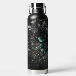Botella De Agua Floral negra y Verde azulada