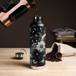 Botella De Agua Floral Negro Brillante y Verde Acuario