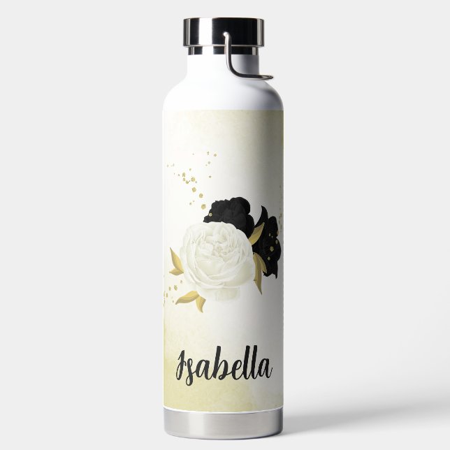 Botella De Agua floral negro y blanco oro (Izquierda)