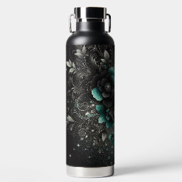 Botella De Agua Floral Negro y Verde Acuático