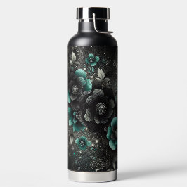 Botella De Agua Floral Negro y Verde Acuático