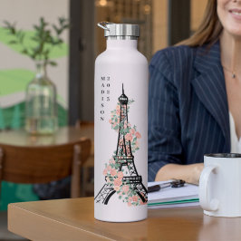 Botella De Agua Floral personalizada París Torre Eiffel Blanco