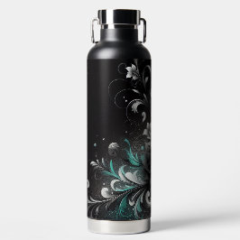 Botella De Agua Floral Purpurinoso negra y Verde azulada