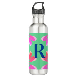 Botella De Agua Floral retro rosa verde monograma personalizado