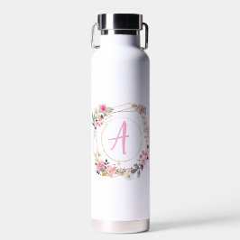Botella De Agua Floral Rosa Geométrico Dorado 