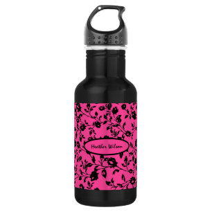Botella de agua floral rosa negra con nombre